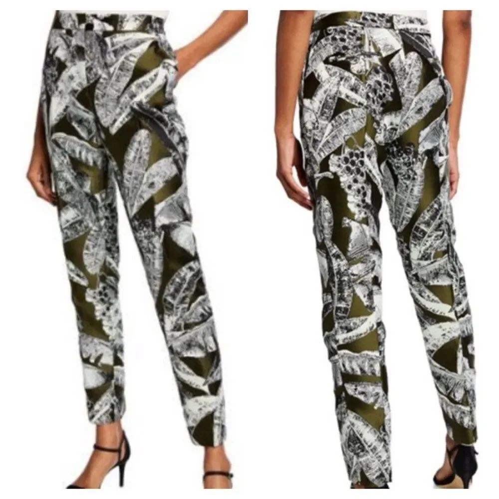 Oscar de la Renta Abstract Botanical Print 100% Silk Lined Slim Dress Pants